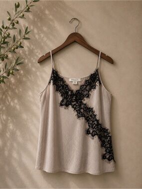 RW&CO. | Champaign Satin Cami with Black Lace Overlay | Medium